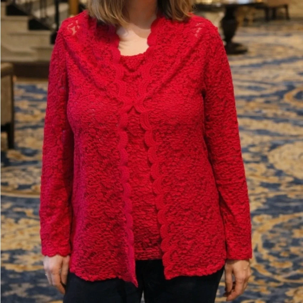 Susan Graver Vibrant Cranberry Red Two Layer Lace Top Set, Women’s Large
